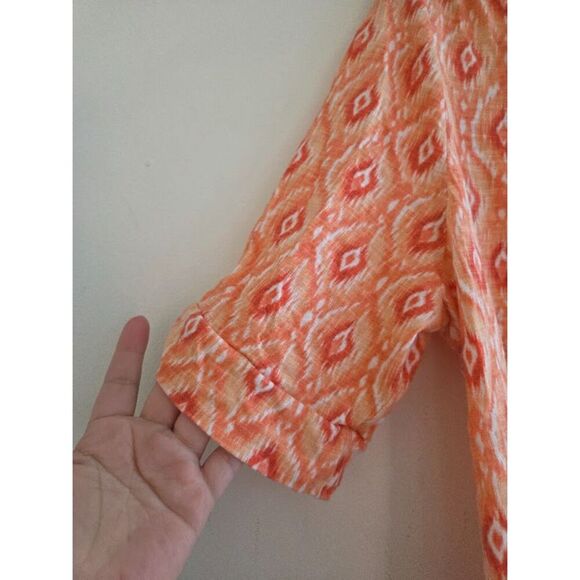 Chico's Women Orange White "Flame" Print Cotton/Modal V-Neck Blouse size Large - Picture 3 of 5